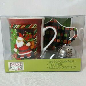 NEW Debbie Mumm Mug Set Holiday Christmas Santa w Tea Infuser Spoon Rest